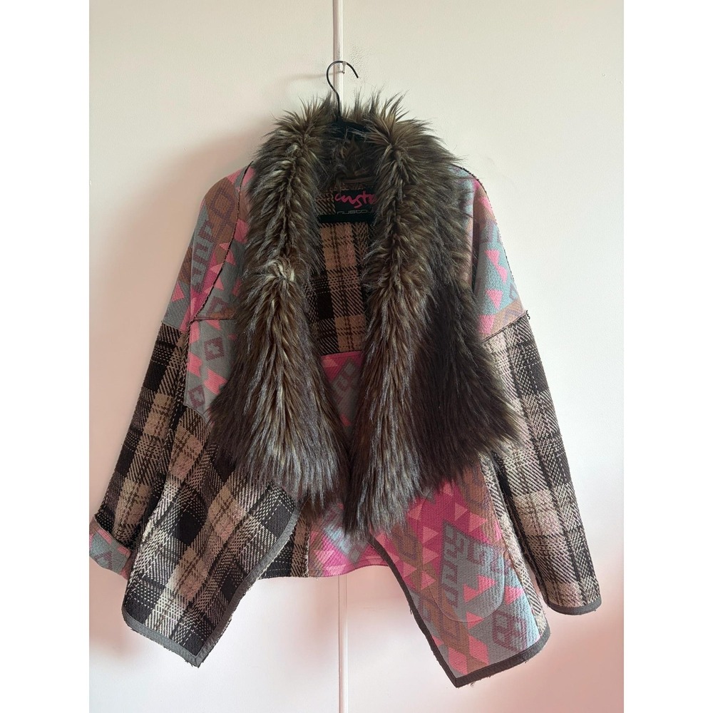 VTG Custo Line Jacket Womens Medium Multicolor Aztec Plaid‎ Faux Fur Collar Boho